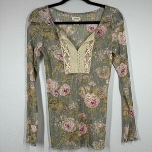 Ralph Lauren Denim & Supply Floral Lace Trim Stretch Mesh Henley Top Medium